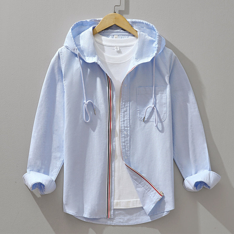 Hooded Cotton Shirt with Zipper Closure